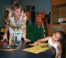 Docent and child visitor in the Family Forum at the Getty Villa
