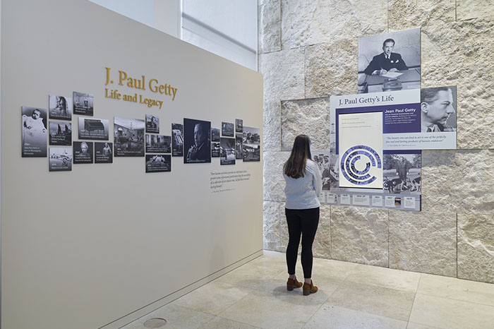 View of J. Paul Getty Life & Legacy installation at the Getty Center.