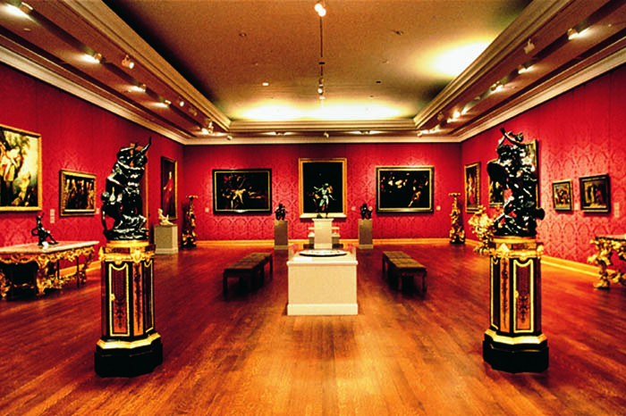 The Baroque Gallery displaying paintings and sculptures in the Villa Museum, Malibu, mid-1980s.