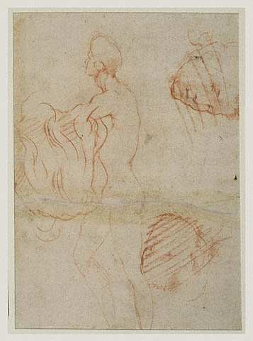 Study of a Kneeling Figure with a Sketch of a Face (recto); Figure Study and Face (verso):Verso: Figure Study and Face