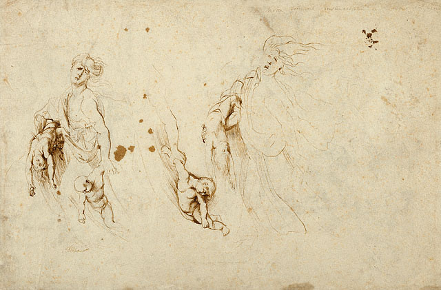 Three Groups of Apostles in a Last Supper (recto); Three Sketches for Medea and Her Children (verso):