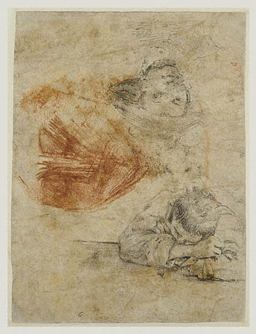 Four Studies of Heads Drawn over a Copy of Saint John the Evangelist by Correggio (recto); Three Studies of Men (verso):Verso: Three Studies of Men