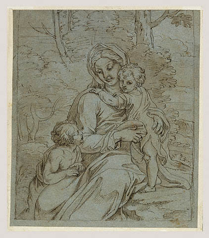 Studies of the Madonna and Child and of Heads (recto); Madonna and Child with Saint John Seated in a Landscape (verso):Verso: Madonna and Child