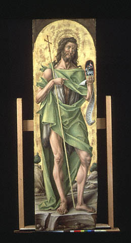 Polyptych with Saint James Major, Madonna and Child, and Saints:Lamb and scroll