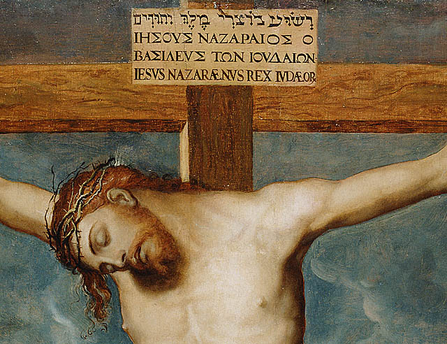 Christ on the Cross with Saints Mary, John the Evangelist and Catherine of Siena:Inscription on cross