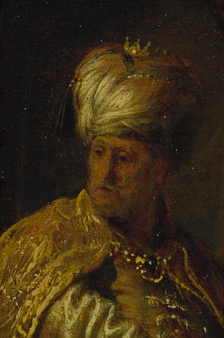 Daniel and Cyrus before the Idol Bel:Brushwork in turban