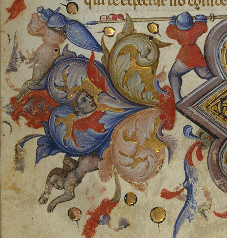 Christ in Majesty; Initial A: A Man Lifting His Soul to God:Drolleries: lower left border
