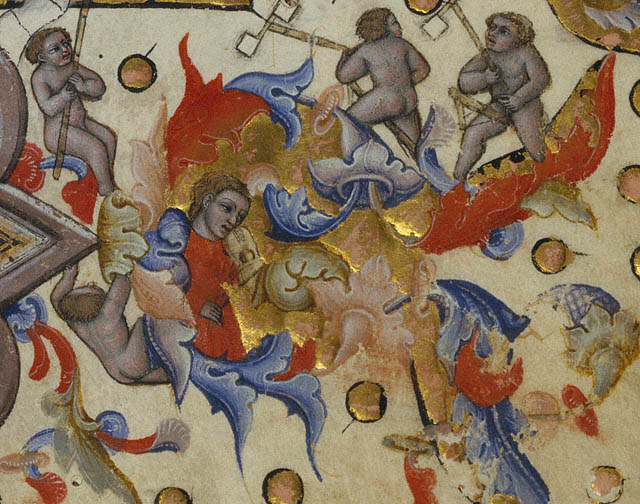 Christ in Majesty; Initial A: A Man Lifting His Soul to God:Drolleries: lower right border
