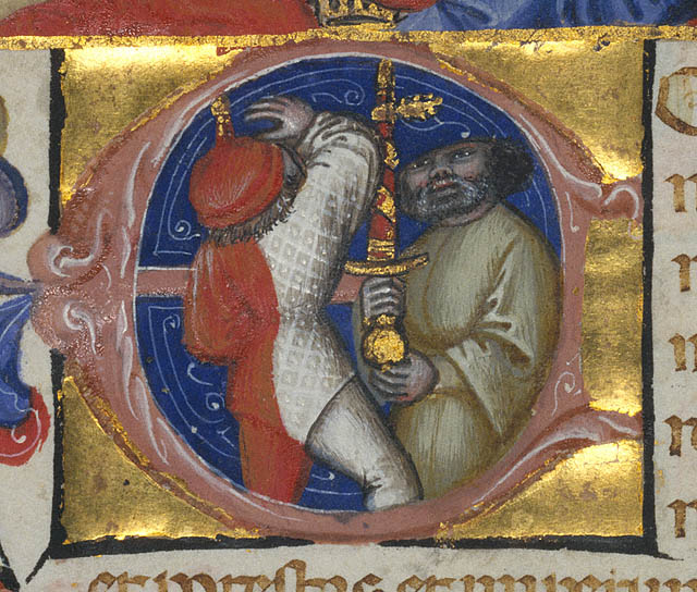 The Adoration of the Magi; Initial E: Sword Bearers:Initial E: two swordbearers