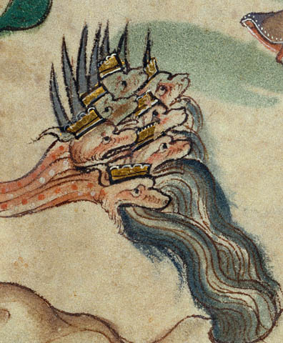 The Dragon Hurls Water after the Woman Clothed in the Sun:Dragon heads