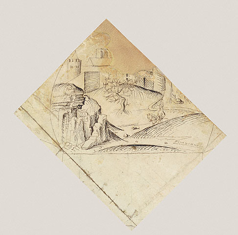 Design for a Quatrefoil with a Castle, Two Lovers, a Maiden Tempted by a Fool, a Couple Seated by a Trough, and a Knight and His Lover Mounted on a Horse:Upper right: A Castle