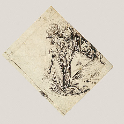 Design for a Quatrefoil with a Castle, Two Lovers, a Maiden Tempted by a Fool, a Couple Seated by a Trough, and a Knight and His Lover Mounted on a Horse:Lower right: A Maiden Tempted by a Fool