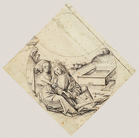 Design for a Quatrefoil with a Castle, Two Lovers, a Maiden Tempted by a Fool, a Couple Seated by a Trough, and a Knight and His Lover Mounted on a Horse:Lower left: A Couple Seated by a Trough