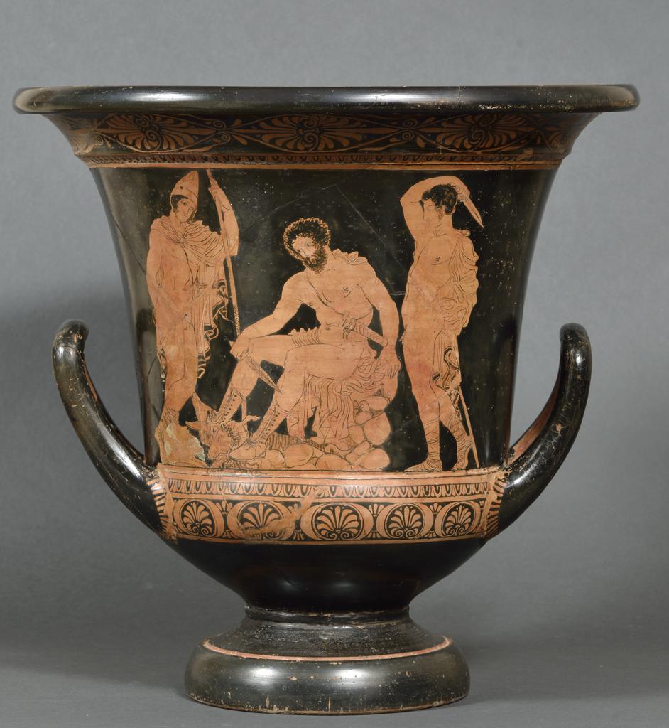Mixing Vessel with Odysseus Summoning the Shades from the Underworld, South Italian, made in Lucania, 390–380 BC; found in Pisticci, Italy, terracotta. Red-figure calyx krater attributed to the Dolon Painter. Bibliothèque nationale de France, Paris, 422