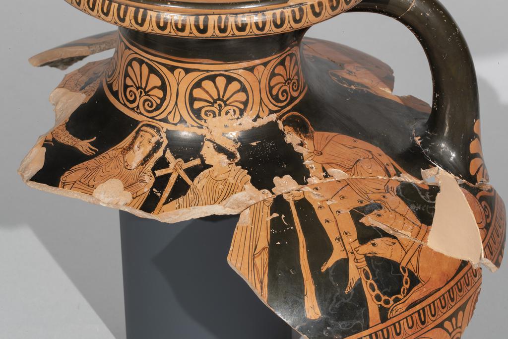 Fragment of a Water Jar with Orpheus Losing Eurydike in the Underworld (detail), South Italian, made in Lucania, 410â390 BC; found at the Spring Sanctuary in Saturo, near Taranto, Italy, in 1977, terracotta. Lucanian red-figure kalpis attributed to the Palermo Painter. Museo Archeologico Nazionale, Taranto, 187109. By concession of the National Archaeological Museum of Taranto. Further duplication or reproduction is prohibited.