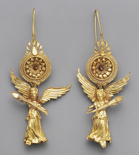 <em>Earrings with Nike</em>, Greek, about 225-175 BC, gold and glass. The J. Paul Getty Museum. Gift of Barbara and Lawrence Fleischman