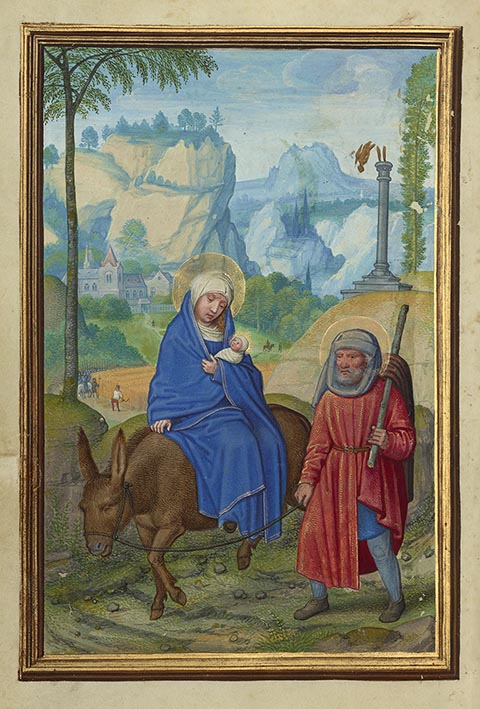 <em>The Flight into Egypt</em>, from <em>Prayer Book of Cardinal Albrecht of Brandenburg</em>, about 1525-30, Simon Bening, tempera colors, gold paint, and gold leaf on parchment. The J. Paul Getty Museum