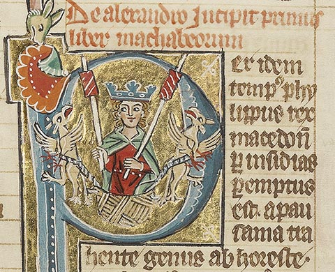 <em>Initial P: Alexander the Great Carried Aloft by Griffins<em> (detail), from <em>Historia Scholastica</em>, Austria, about 1300, tempera colors and gold leaf on parchment. The J. Paul Getty Museum