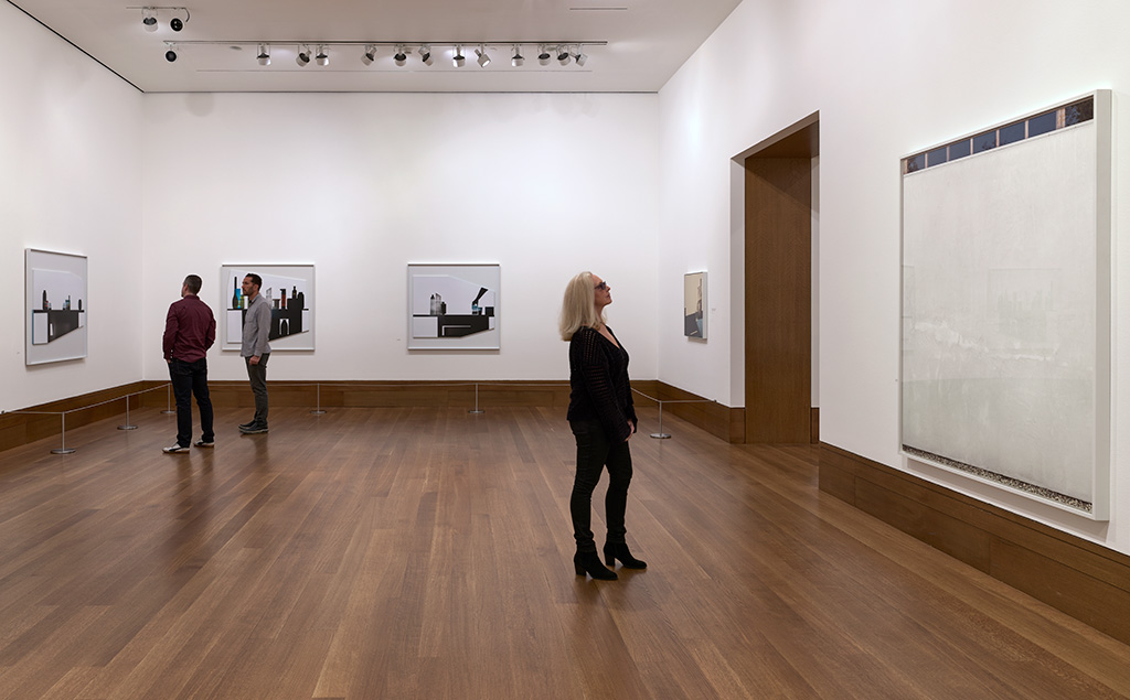 Gallery view (left to right): In the Light and Shadow of Morandi (17.12), 2017. JPMorgan Chase Art Collection; In the Light and Shadow of Morandi (17.03), 2017. Courtesy of the artist; In the Light and Shadow of Morandi (17.06). Courtesy of the artist; 1301PE, Los Angeles; and Tanya Bonakdar Gallery, New York / Los Angeles; Thinking about…In the Light and Shadow of Morandi, 2018. Getty Museum; Untitled (17.01), 2017. Courtesy of the artist; 1301PE, Los Angeles; and Tanya Bonakdar Gallery, New York / Los Angeles. All works by and © Uta Barth