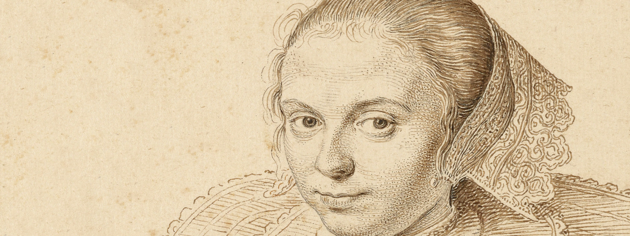 Portrait of a Woman (detail), 1629, David Bailly, light and dark brown ink; framing line in dark brown ink; pupils incised by the artist. The J. Paul Getty Museum