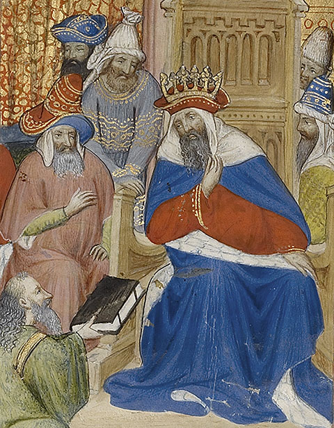Alchandreus Presents His Work to a King (detail), from Book of the Philosopher Alchandreus, Paris, Virgil Master, about 1405. The J. Paul Getty Museum 