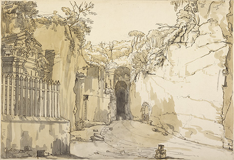 <em>The Entrance to the Grotto at Posillipo</em>, about 1750, Claude-Joseph Vernet; pen and brown ink with brown and gray wash over black chalk. The J. Paul Getty Museum