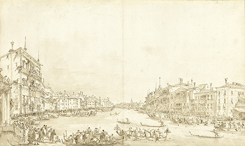 <em>A Regatta on the Grand Canal</em>, about 1778, Francesco Guardi; pen and brown ink and brush with brown wash over black chalk. The J. Paul Getty Museum