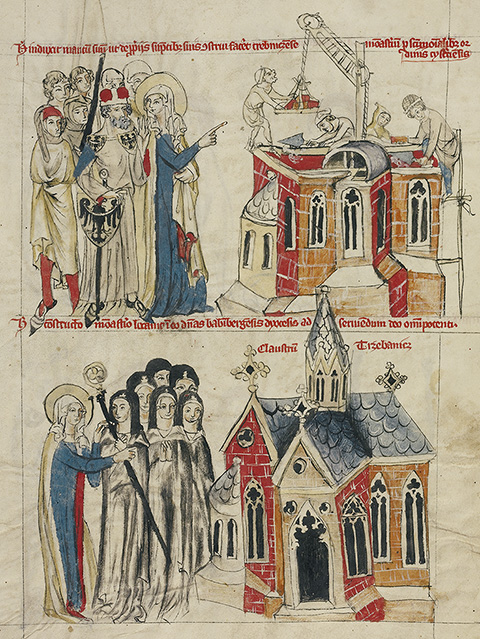 <em>Saint Hedwig and the New Convent; Nuns from Bamberg Settling at the New Convent</em>, from <em>The Life of the Blessed Hedwig</em>, 1353, Silesia, artist unknown. The J. Paul Getty Museum