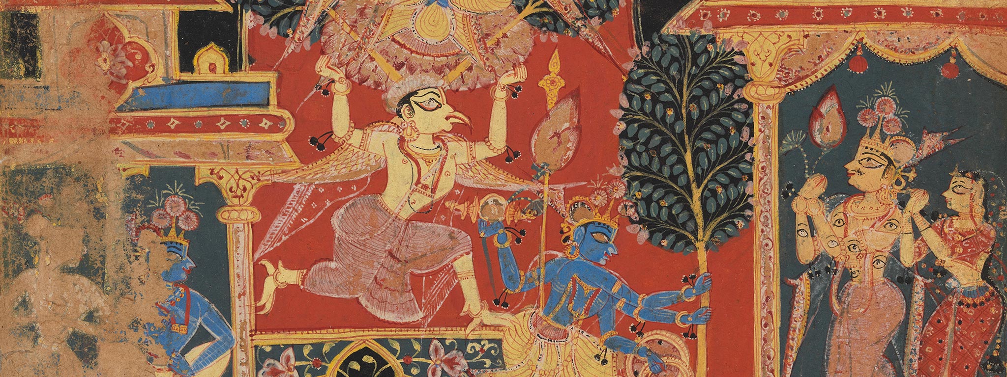 Krishna Uprooting the Parijata Tree (detail), folio from a Bhagavata Purana manuscript (text in Sanskrit), Delhi region or Rajasthan, India, artist unknown,1525–50; opaque watercolor and ink on paper. Los Angeles County Museum of Art. The Nasli and Alice Heeramaneck Collection, Museum Associates Purchase. Photo © Museum Associates/LACMA
