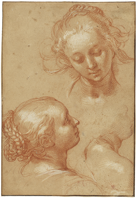 Three Studies of Women, 1620s, Abraham Bloemaert; red chalk heightened with white opaque watercolor. The J. Paul Getty Museum