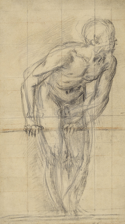 A Standing Male Nude, 1590, Giovanni Battista Naldini; black, red and white chalk, squared in black and red chalk. The J. Paul Getty Museum