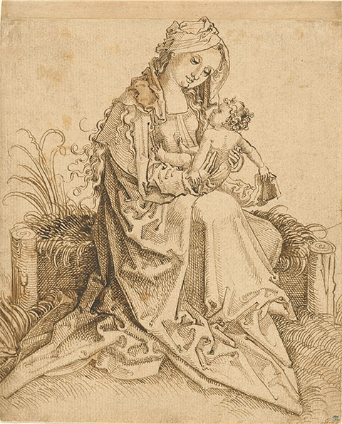 <em>The Virgin and Child on a Grassy Bench</em>, about 1500. Pen and brown ink; strip at top added later, Germany, Nuremberg School. The J. Paul Getty Museum