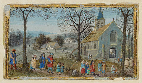 <em>Villagers on Their Way to Church</em>, calendar miniature from a book of hours, about 1550, Bruges, Simon Bening. The J. Paul Getty Museum