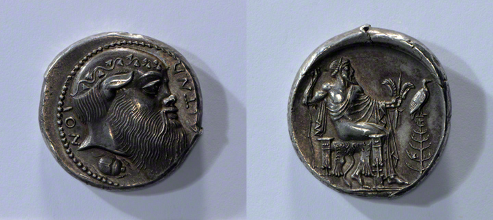 Coin with a Head of Silenos and Zeus Enthroned / Aitna Master
