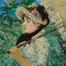 detail of a painting of a woman in spring holding a parasol