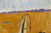 A third grade student, inspired by a photo-collage of a desert road in the Getty's collection, draws a desert  landscapes of her own.