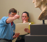 Artist Peter Zokosky guides a participant in close looking and using perspective in the Classical Connections gallery at the Getty Center 