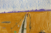 A third grade student drew this desert landscape after discussing the one-point perspective in a work of art from the Getty Museum.