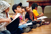 Students study the decorative arts collection during a self-guided visit to the Getty Center. 