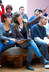 High school students discuss art during their self-guided visit to the Getty Center.