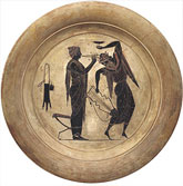 Plate with a Woman Playing Pipes and a Man Dancing / Psiax