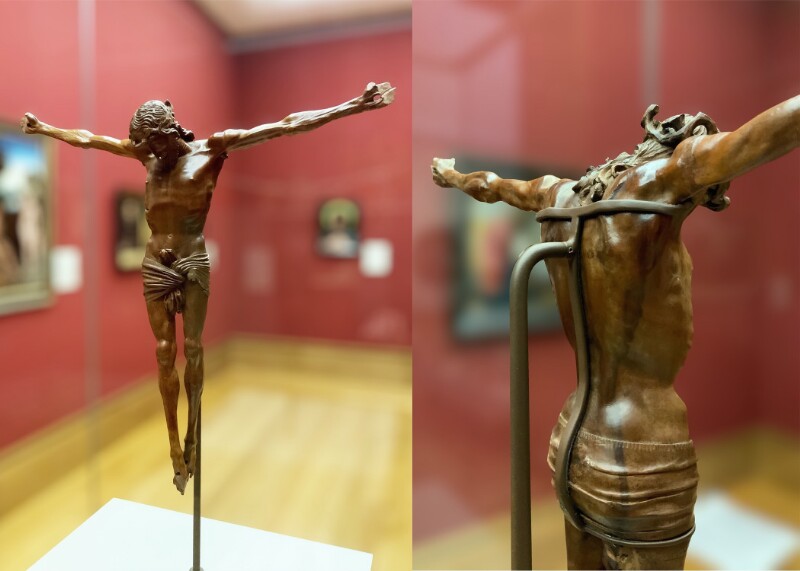 Composite image of a bronze crucifix focusing on a small wire support