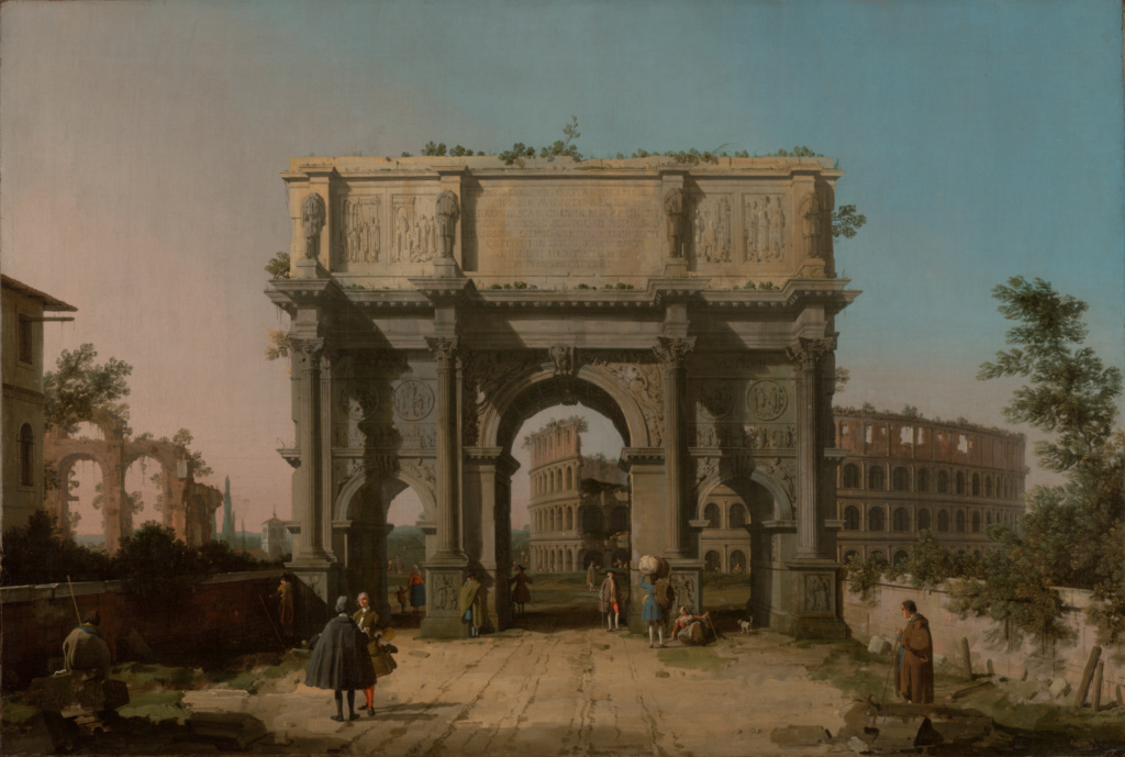 Seen through the central bay of the Arch of Constantine is the Colosseum, which Canaletto shifted to the left in the interests of compositional design. Figures converse, stroll, or carry out daily chores in the vicinity of these ancient buildings. To the left, a lone man sits on ruins with his back to the viewer, perhaps sketching or writing. Wealthy tourists and their servants laden with goods contrast with the poor Roman natives who have nothing, such as the woman who lies against the Arch or the man with a cane at the right. In this painting, Canaletto seems to remark on the gulf between Rome's ancient glory and the city's current impoverished state.