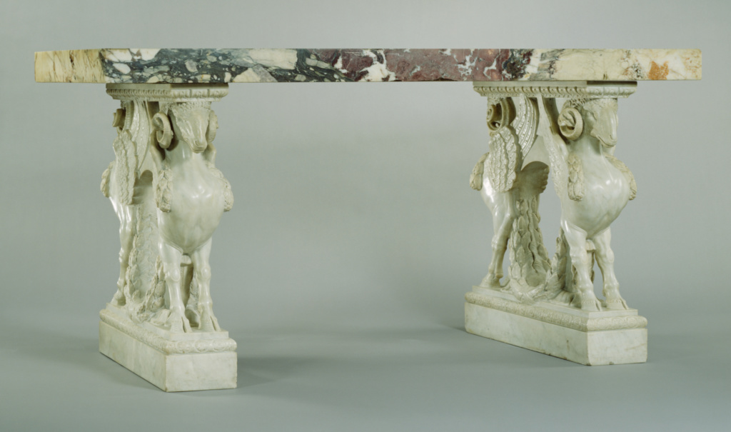 Table with Supports in the Form of Winged Rams; After a design by Francesco Antonio Franzoni (Italian, 1734 - 1818); Rome, Lazio, Italy; late 1800s or 1900s; Medicean breccia and white marble; 100.3 x 200.7 x 81.3 cm (39 1/2 x 79 x 32 in.); 93.DA.18 No description of this image is available.