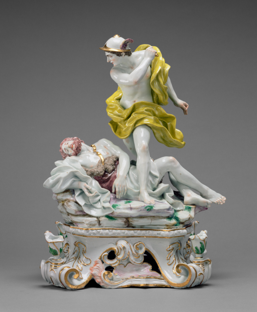Mercury and Argus and Perseus and Medusa; Produced in the Ginori Porcelain Factory (Italian, active 1735 - present), After models by Giovanni Battista Foggini (Italian, 1652 - 1725), Probably made by Gaspero Bruschi (Italian, 1701 - 1780), et al; Doccia (near Florence), Italy; 1750 - 1760; Hard-paste porcelain, polychrome enamel decoration, gilding; 94.SE.76 No description of this image is available.