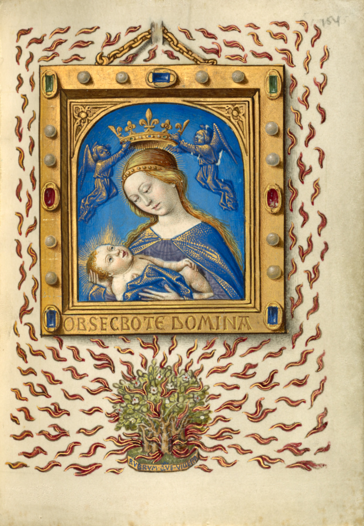 The Madonna of the Burning Bush; Georges Trubert (French, active Provence, France 1469 - 1508); Provence, France; about 1480 - 1490; Tempera colors, gold leaf, gold and silver paint, and ink on parchment; Leaf: 11.4 x 8.6 cm (4 1/2 x 3 3/8 in.); Ms. 48, fol. 154 No description of this image is available.