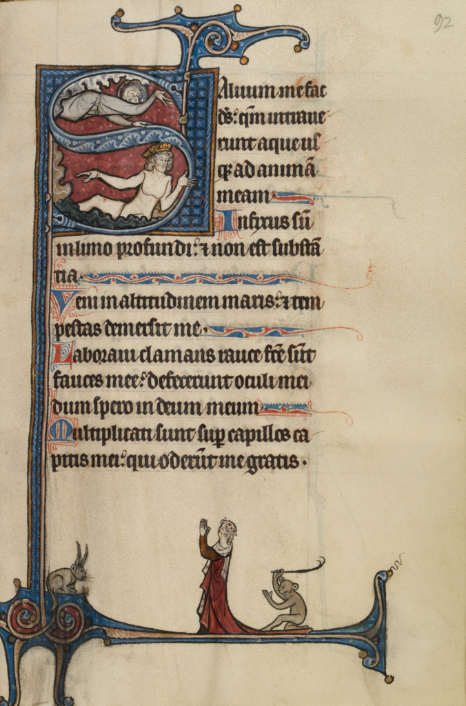 Initial S: The Lord Appearing to David in the Water; Bute Master (Franco-Flemish, active about 1260 - 1290); Paris (written), France; text and illumination about 1285; Tempera colors, gold, and iron gall ink on parchment; Leaf: 17 × 11.9 cm (6 11/16 × 4 11/16 in.); Ms. 46, fol. 92 No description of this image is available.