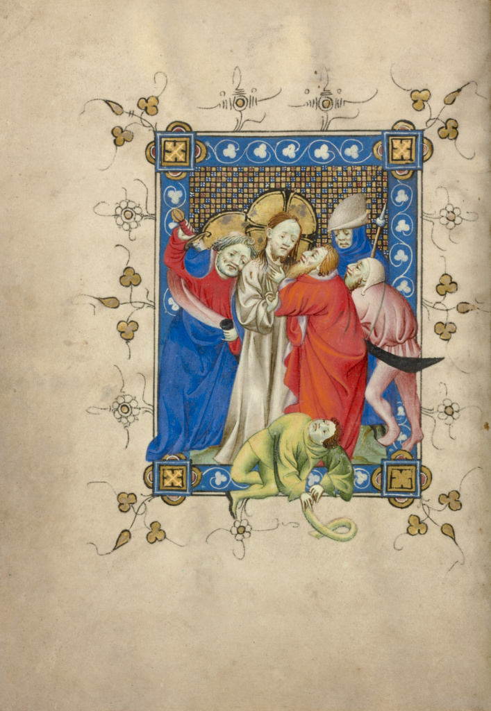 The Betrayal of Christ; Masters of Dirc van Delf (Dutch, active about 1400 - about 1410); Utrecht (probably), Netherlands; about 1405 - 1410; Tempera colors, gold leaf, and ink on parchment; Leaf: 16.5 x 11.7 cm (6 1/2 x 4 5/8 in.); Ms. 40, fol. 13v No description of this image is available.