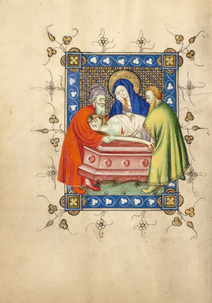 The Entombment; Masters of Dirc van Delf (Dutch, active about 1400 - about 1410); Utrecht (probably), Netherlands; about 1405 - 1410; Tempera colors, gold leaf, and ink on parchment; Leaf: 16.5 x 11.7 cm (6 1/2 x 4 5/8 in.); Ms. 40, fol. 79v No description of this image is available.