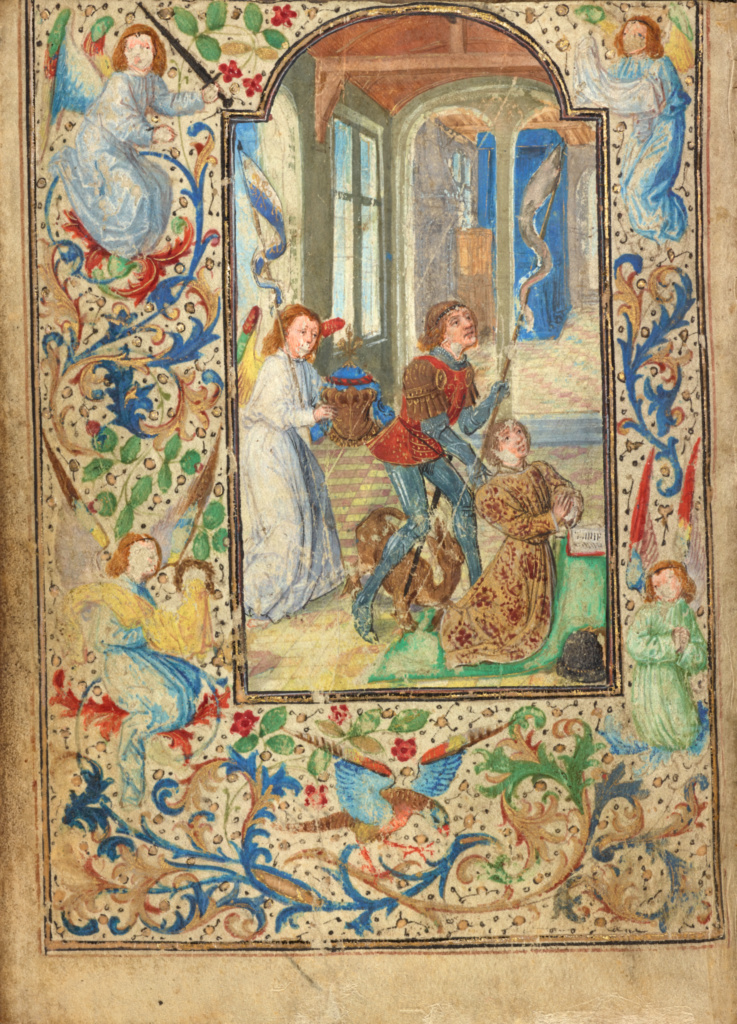 Charles the Bold Presented by Saint George; Lieven van Lathem (Flemish, about 1430 - 1493, active 1454 - 1493); Ghent (written) Belgium Antwerp (illuminated) Belgium; about 1471; Tempera colors, gold leaf, gold paint, silver paint, and ink on parchment; Leaf: 12.4 x 9.2 cm (4 7/8 x 3 5/8 in.); Ms. 37, fol. 1v No description of this image is available.